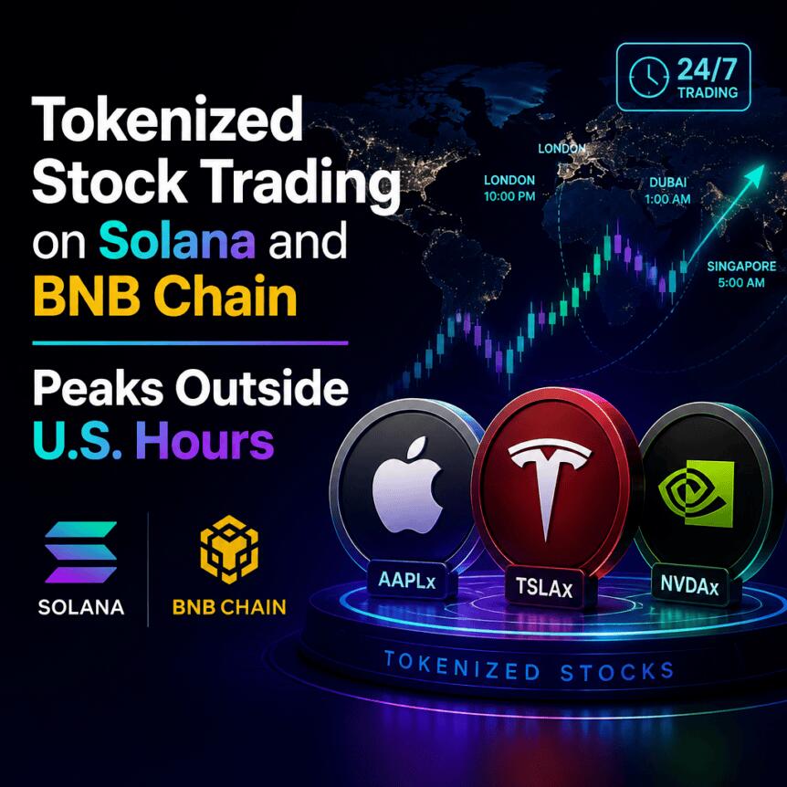 Solana 与 BNB Chain 上的代币化股票交易在美国盘外时段达到峰值
