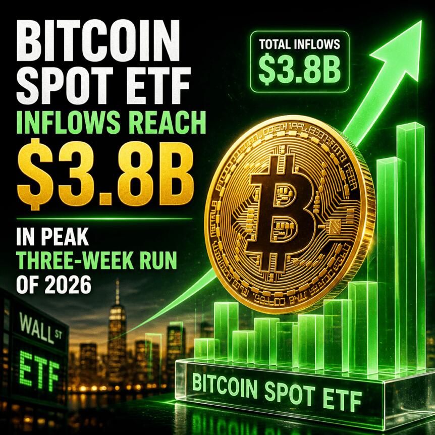 比特币现货ETF资金流入达38亿美元，创下2026年连续三周峰值纪录