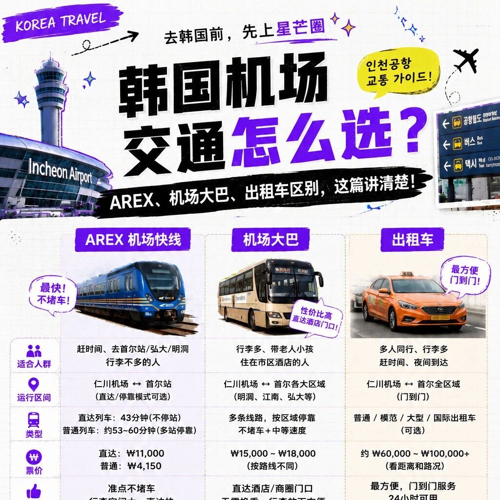 韩国机场交通怎么选?AREX、机场大巴、出租车区别,这篇讲清楚